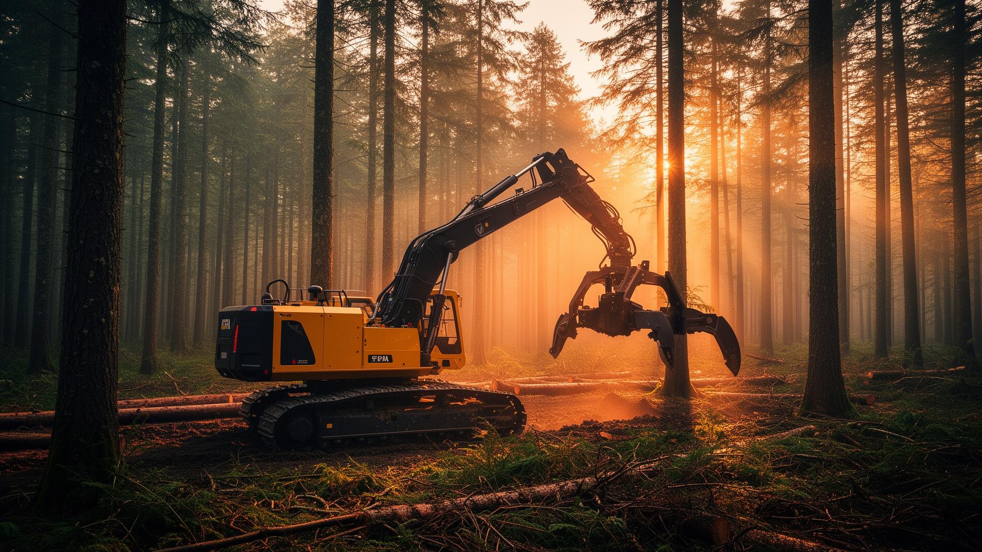 Feller buncher operating in a misty Pacific Northwest forest at golden hour